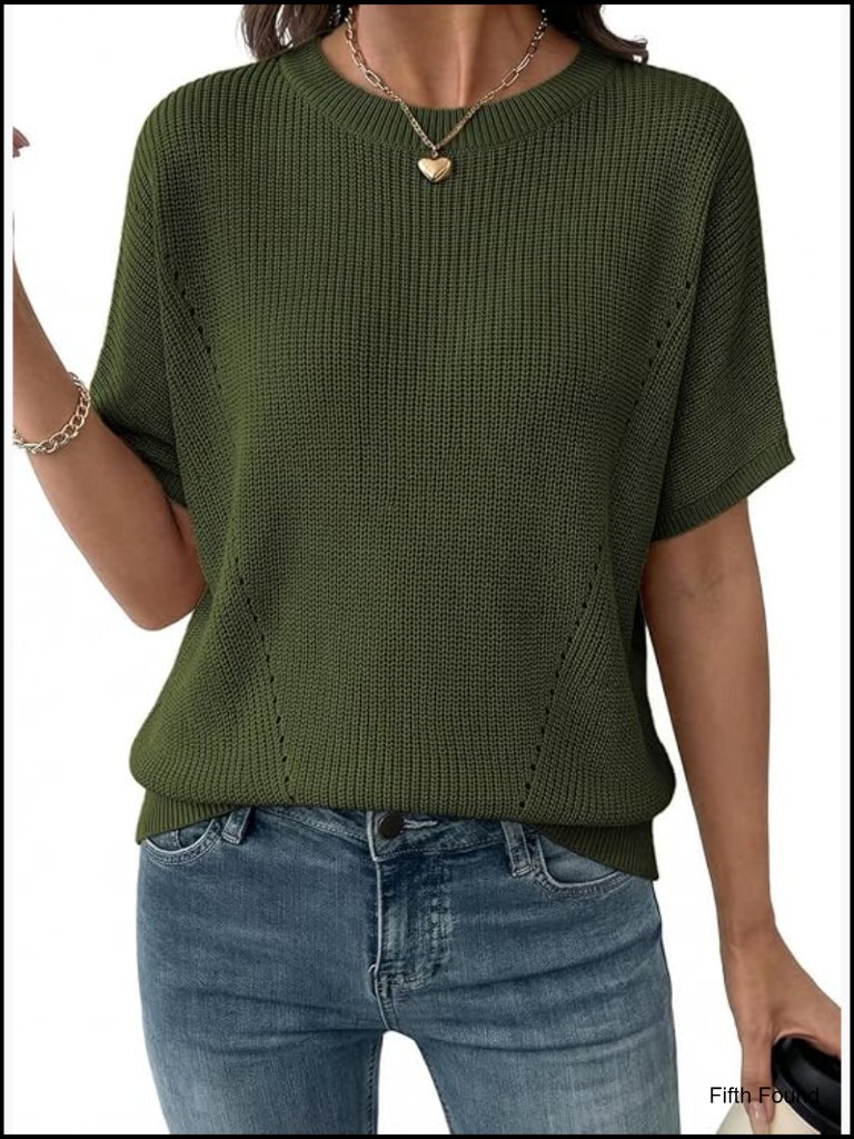 Lightweight V-Neck Pullover Short Sleeve Sweater Tunic Top Blouse